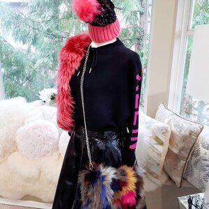 EUC Calvin Klein black & pink / purple graphic text sleeves & back sweater, L